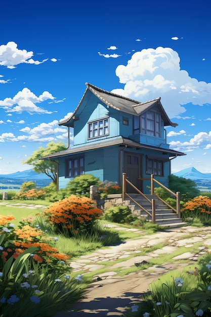 Free Photo anime countryside house illustration