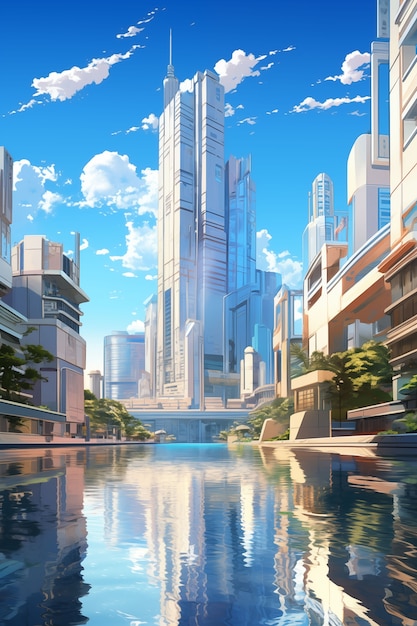 Free Photo anime flat building illustration