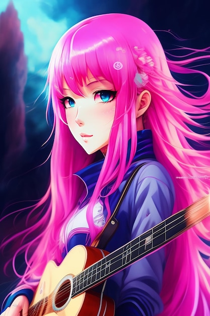 Free photo anime girl with pink hair and a guitar