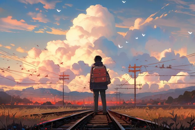 Anime landscape of person traveling