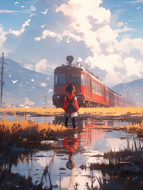 Anime landscape of person traveling