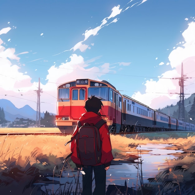 Free photo anime landscape of train traveling