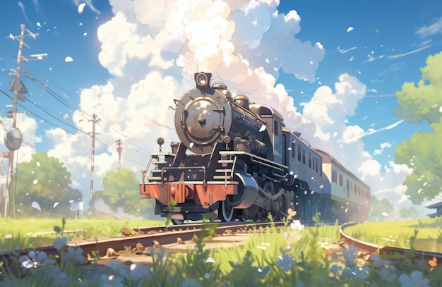 Free Photo anime landscape of train traveling