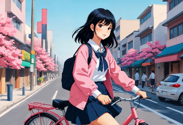 Free photo anime like illustration of girl on bike