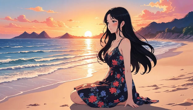 Anime like illustration of girl by the sea