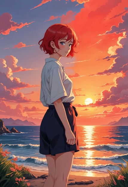 Free Photo anime like illustration of girl by the sea