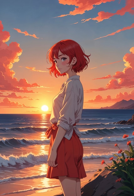 Anime like illustration of girl by the sea