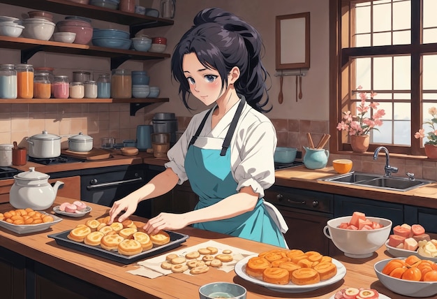 Free photo anime like illustration of girl cooking