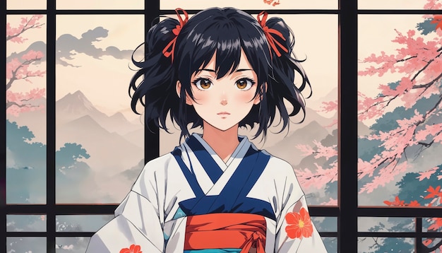 Free photo anime like illustration of girl in kimono