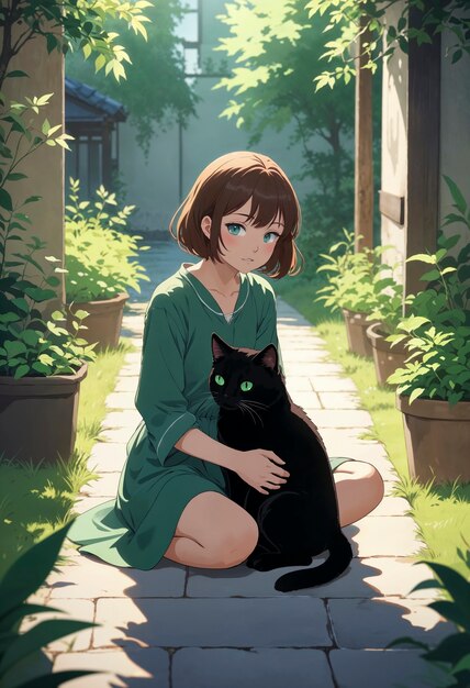 Anime like illustration of girl with kitten