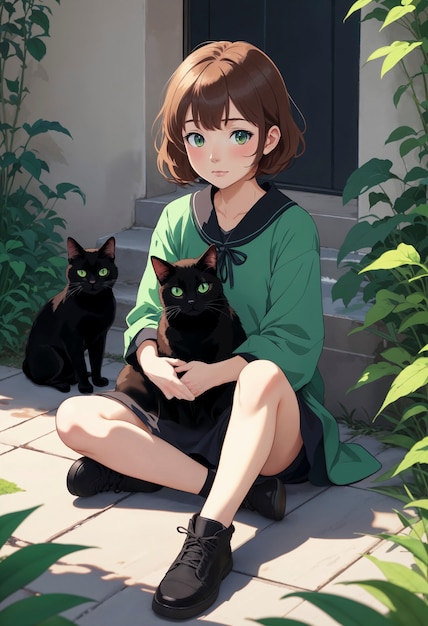 Anime like illustration of girl with kitten