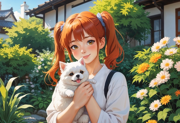 Free photo anime like illustration of girl with puppy