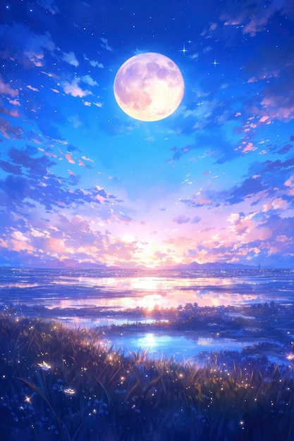 Free Photo anime moon landscape