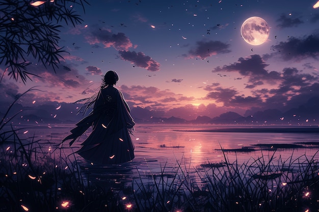 Free Photo anime moon landscape