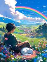 Free photo anime rainbow landscape