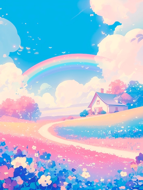 Free Photo anime rainbow landscape