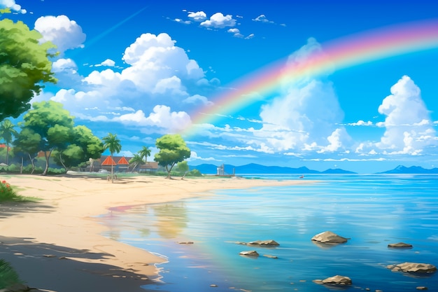 Free Photo anime rainbow landscape