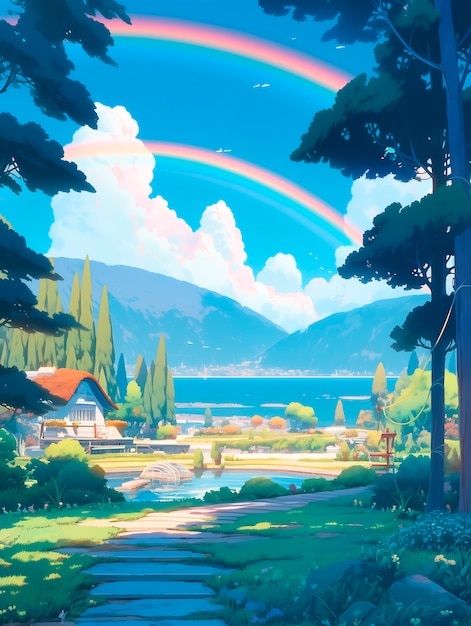 Free photo anime rainbow landscape