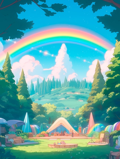 Free Photo anime rainbow landscape