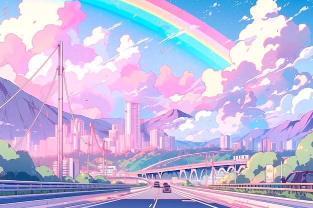 Free photo anime rainbow landscape