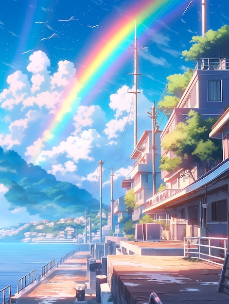 Free photo anime rainbow landscape