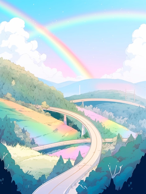 Free photo anime rainbow landscape