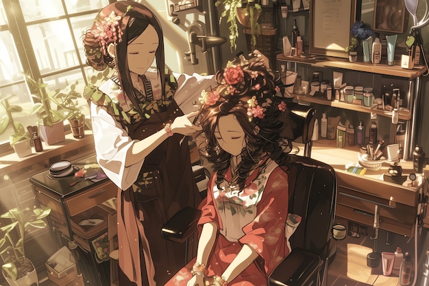 Free photo anime style beauty salon with cosmetology equipment