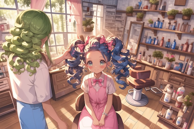 Anime style beauty salon with cosmetology equipment