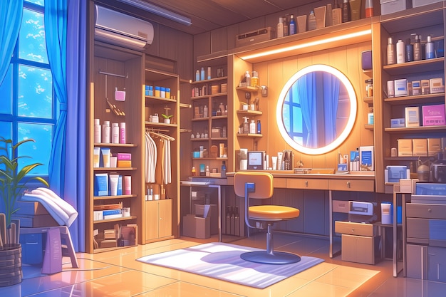 Free photo anime style beauty salon with cosmetology equipment