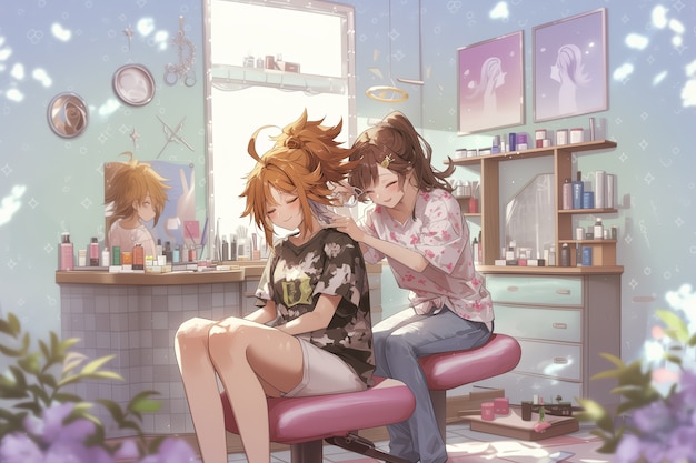 Anime style beauty salon with cosmetology equipment