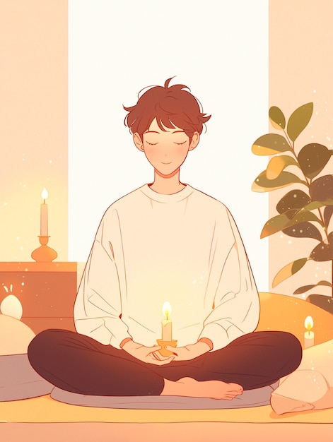 Anime style character meditating and contemplating mindfulness