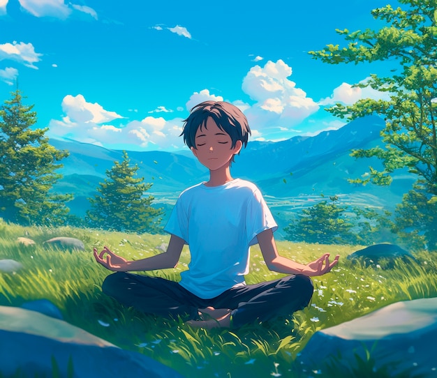 Anime style character meditating and contemplating mindfulness