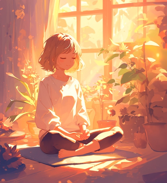 Anime style character meditating and contemplating mindfulness