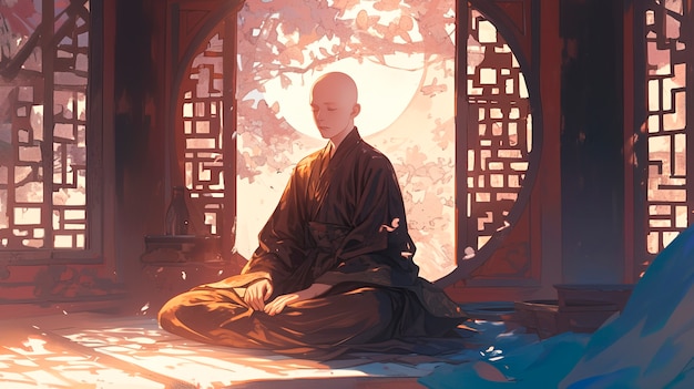 Anime style character meditating and contemplating mindfulness