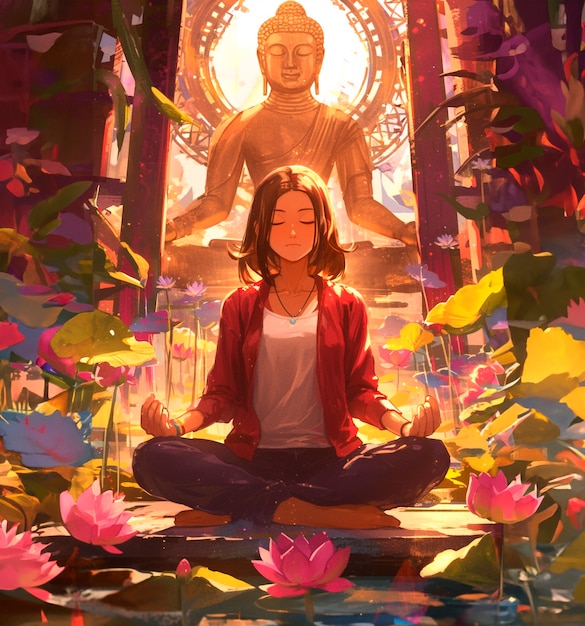 Free photo anime style character meditating and contemplating mindfulness