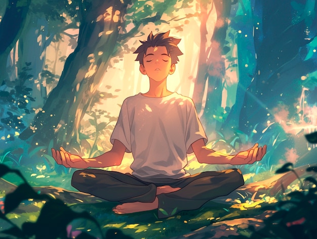 Anime style character meditating and contemplating mindfulness