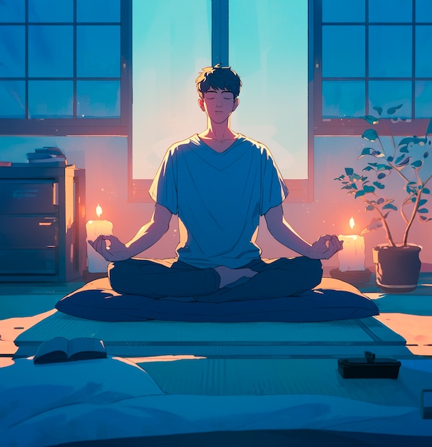 Anime style character meditating and contemplating mindfulness