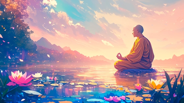 Anime style character meditating and contemplating mindfulness