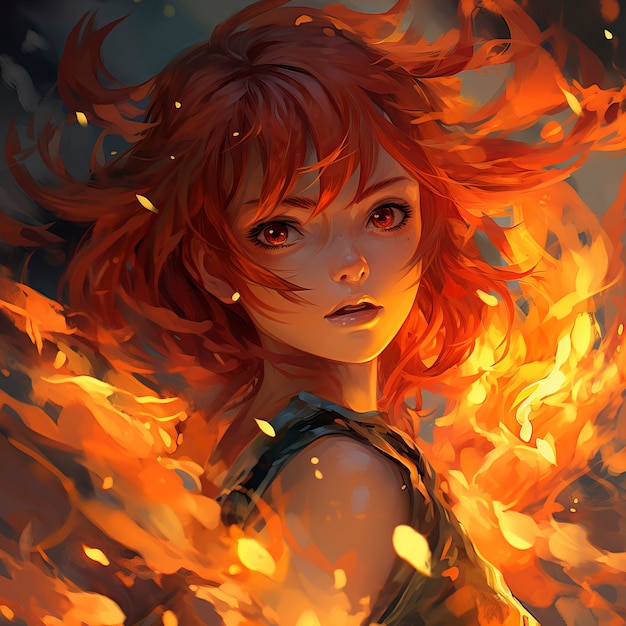 Anime style character with fire and flames