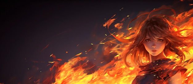 Anime style character with fire and flames