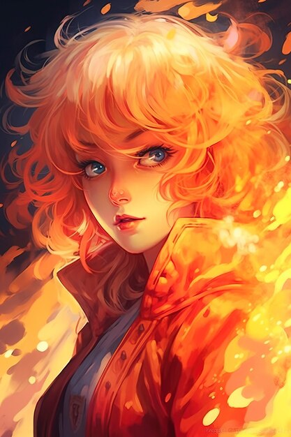 Anime style character with fire and flames