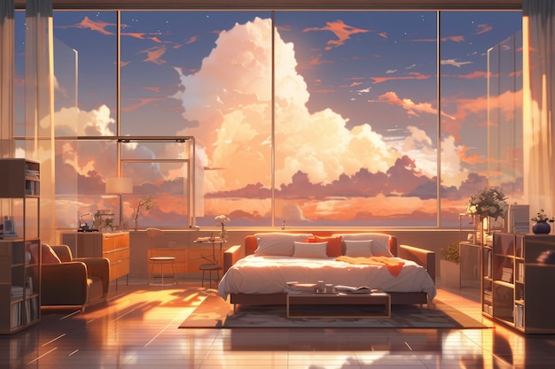 Free Photo anime style cozy home interior with furnishings