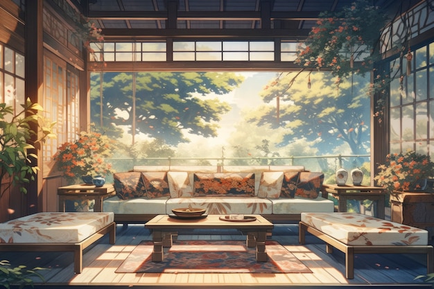 Free photo anime style cozy home interior with furnishings