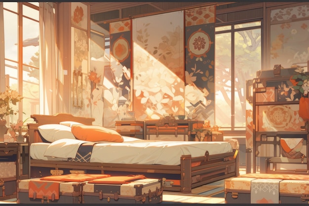 Free photo anime style cozy home interior with furnishings