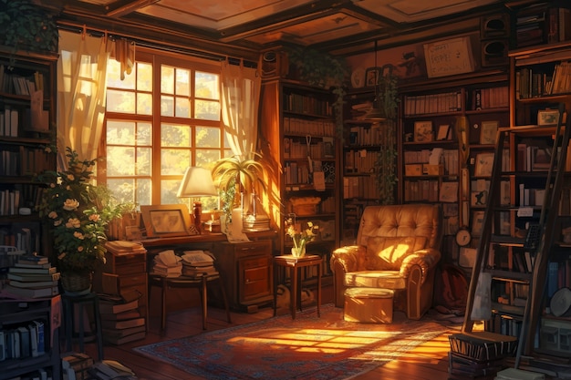 Anime style cozy home interior with furnishings