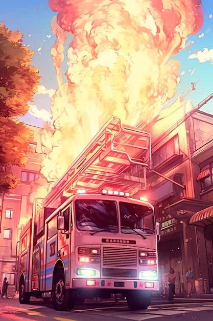 Free photo anime style fire truck with flames