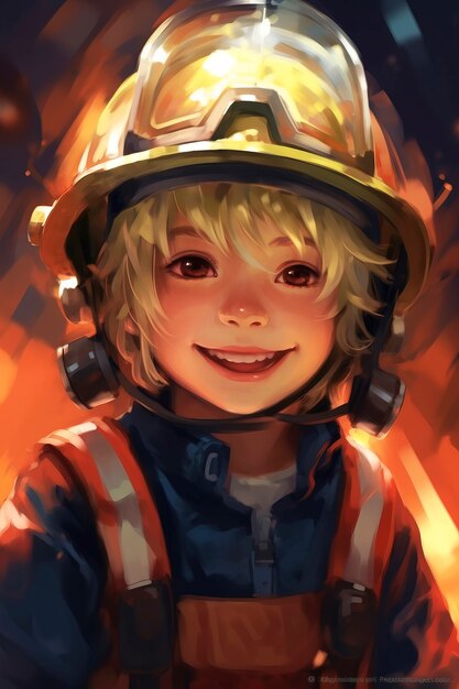 Anime style fireman character with fire