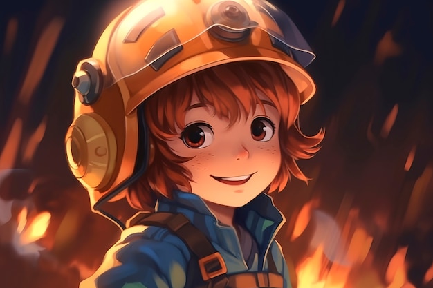 Anime style fireman character with fire