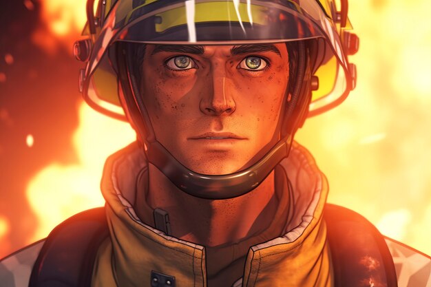 Anime style fireman character with fire