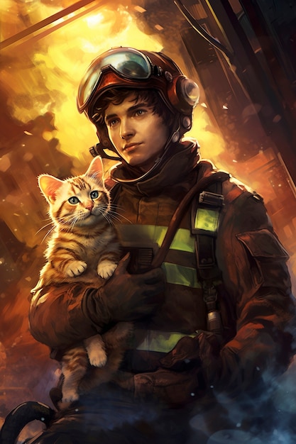 Free photo anime style fireman character with fire